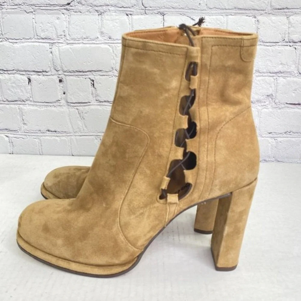 Free People Cecile Ankle Boots Suede Lace Up Side Block Heel Tan Camel Size 41